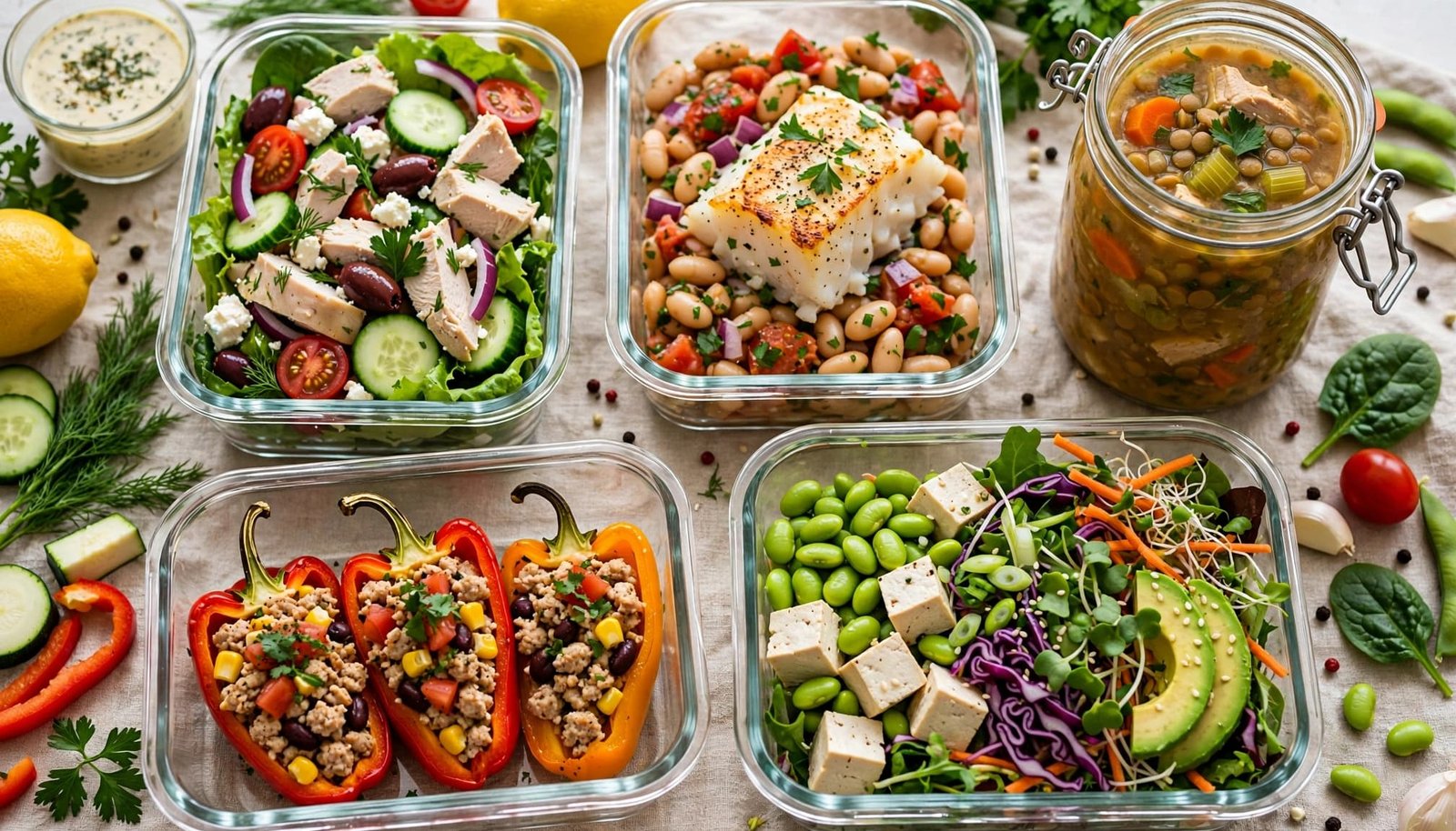 Five containers of colorful high-protein lunches with a separate dressing cup.