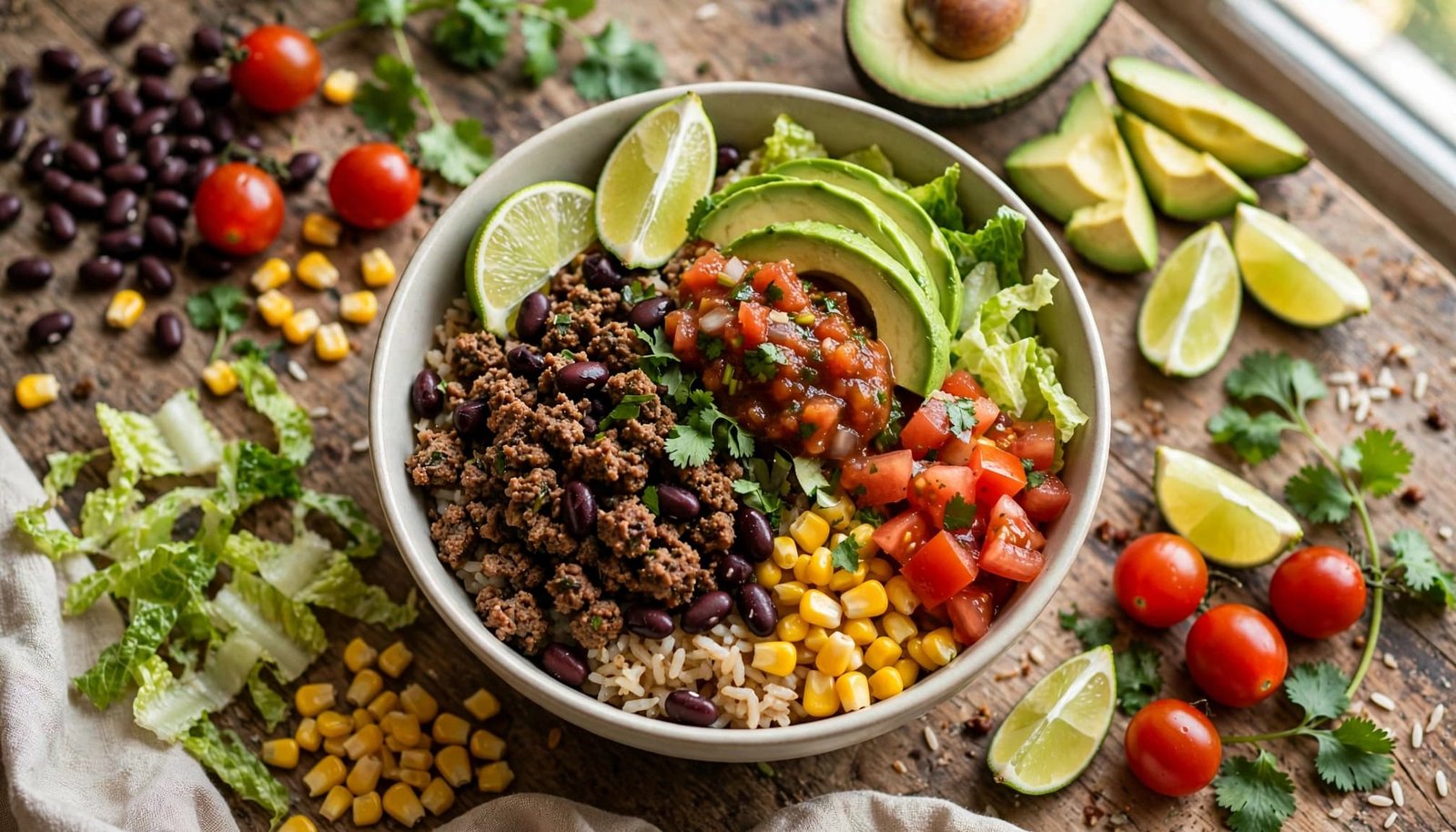 A colorful beef taco bowl with rice, beans, vegetables, avocado, and lime.