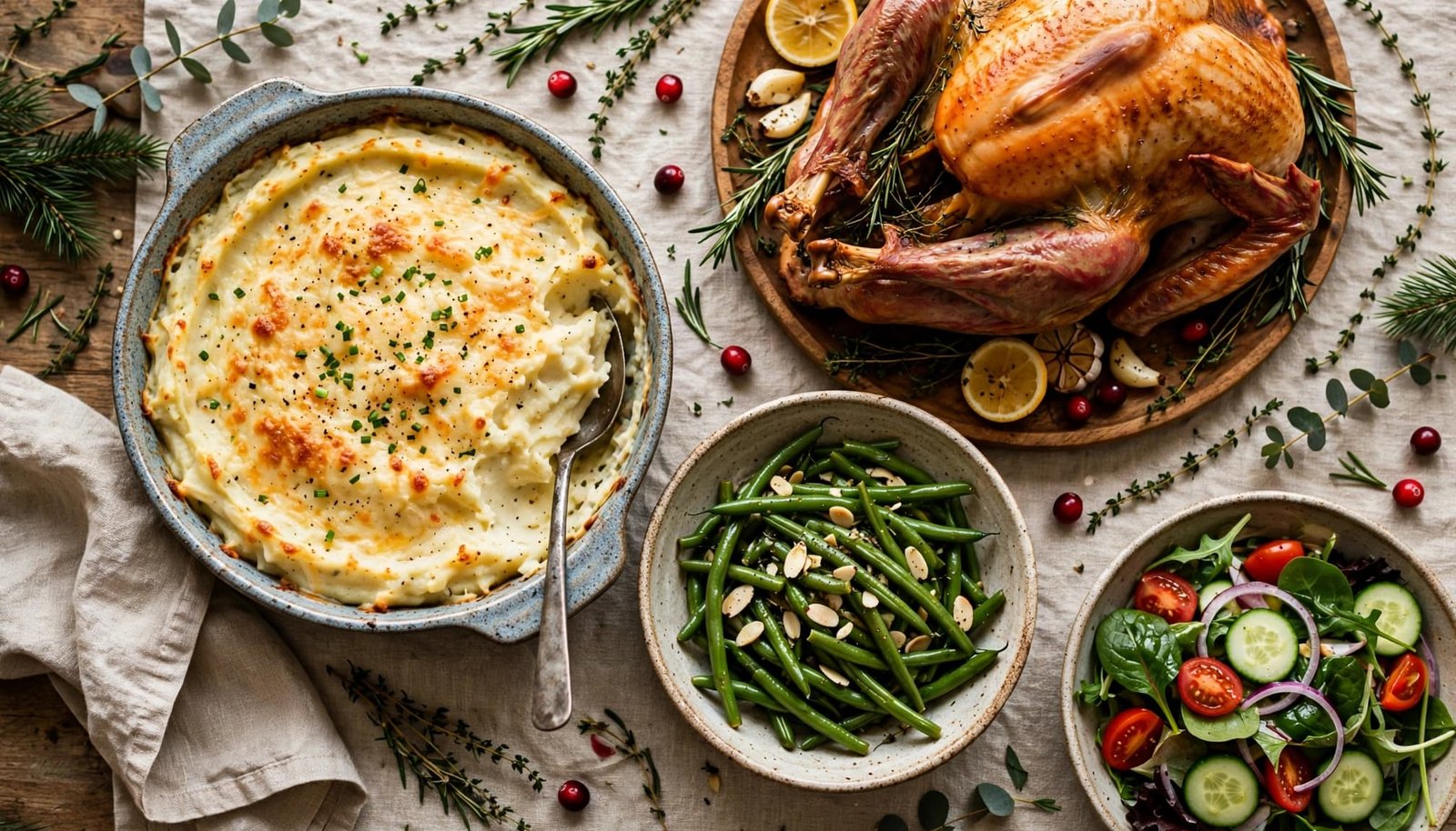 Creamy twice-baked potatoes sit beside turkey, green beans, and salad on a holiday dinner table.
