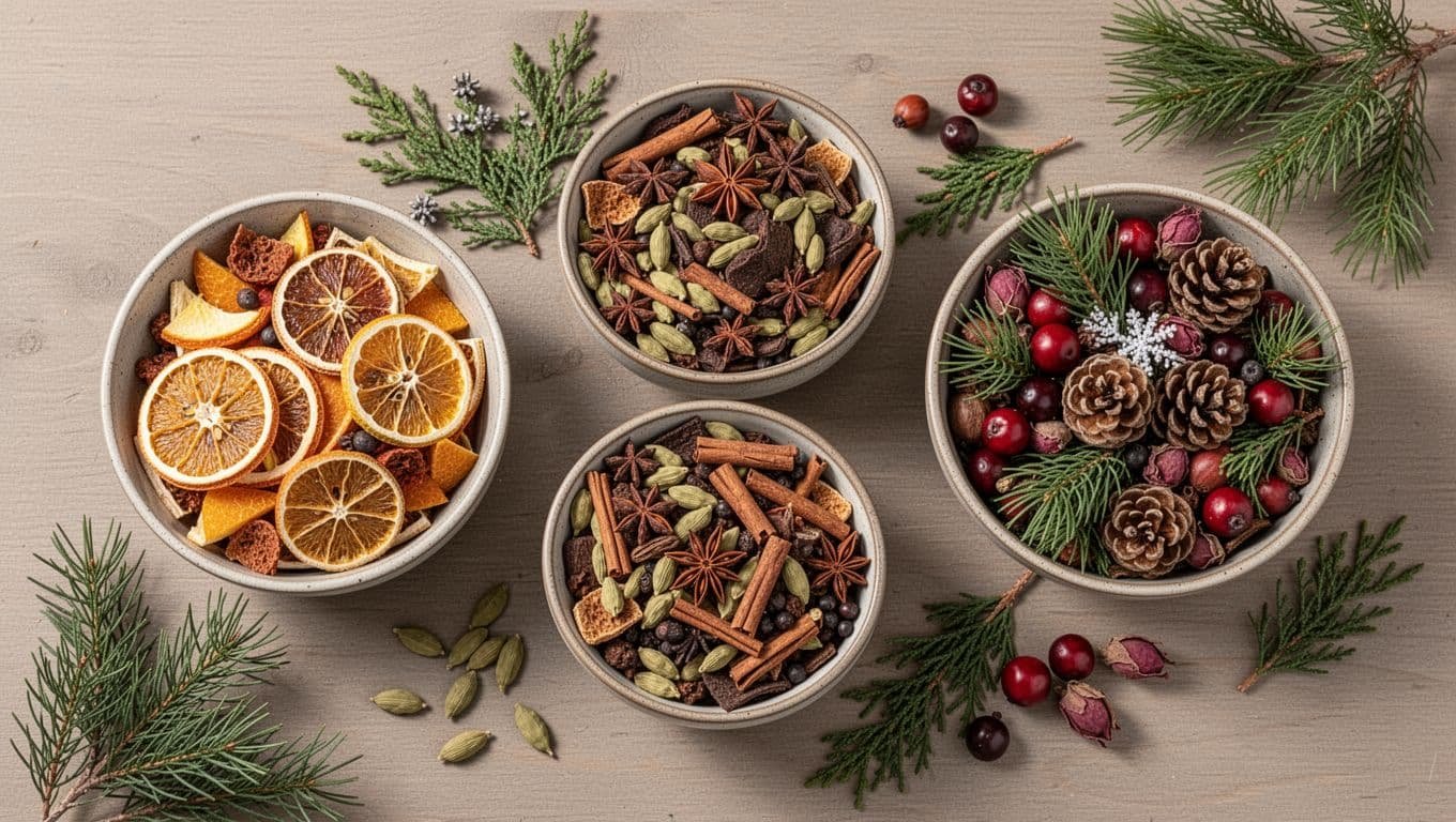 Three bowls of dry holiday potpourri sit on a wooden table with seasonal greenery.