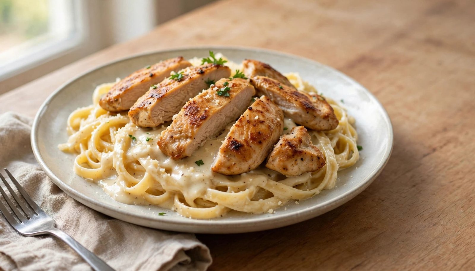 Fettuccine and sliced chicken in creamy sauce sit on a plate beside a napkin and fork.