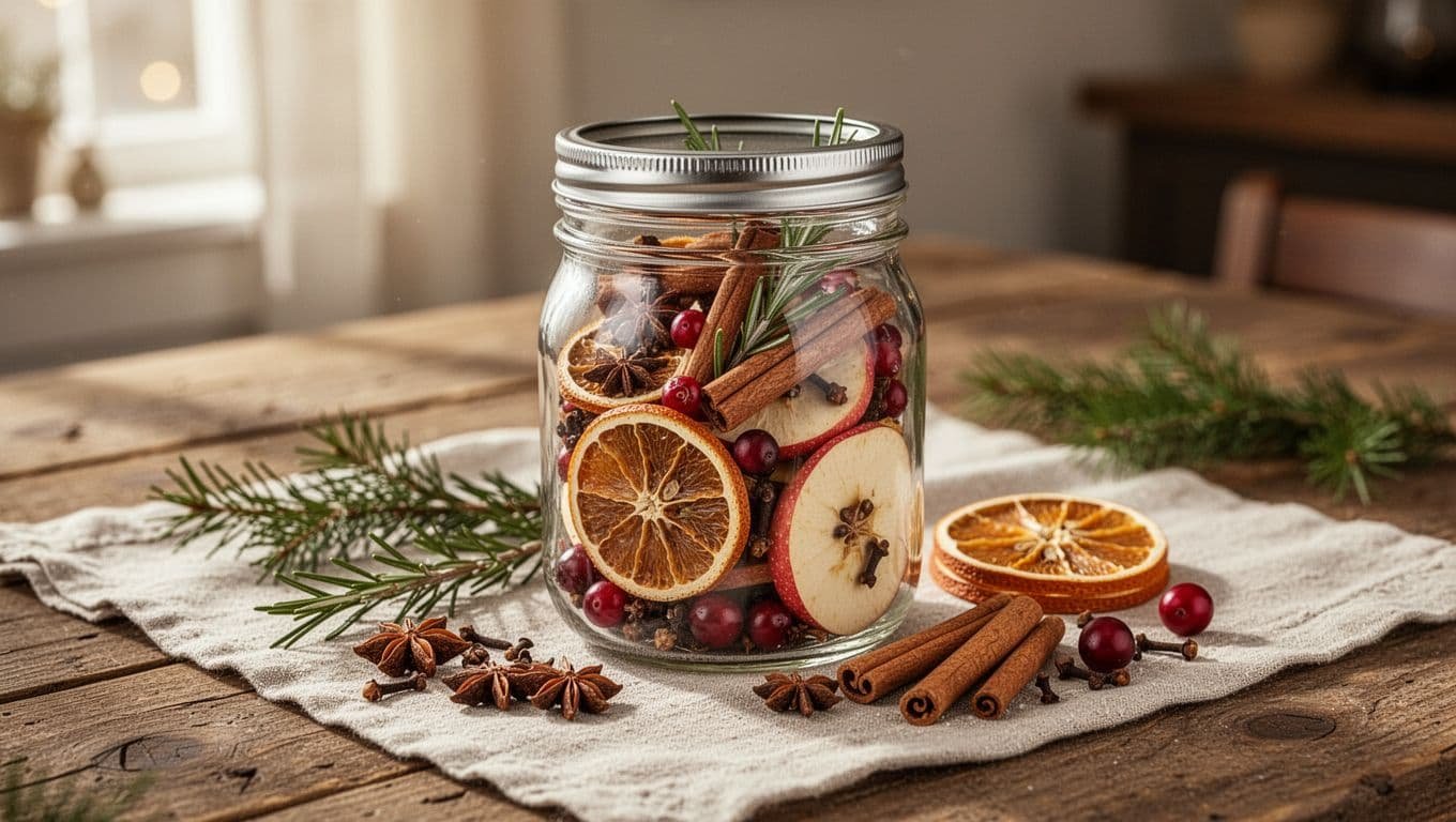 Open jar of dried Christmas potpourri with fruit, spices, and rosemary on a rustic table.