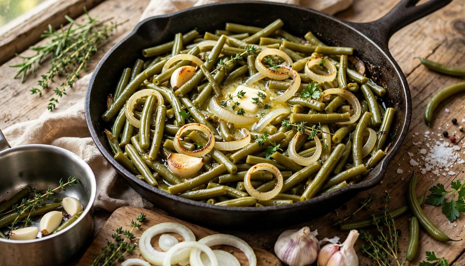 Rustic skillet of green beans with onions, garlic, herbs, and butter on a wooden kitchen table.