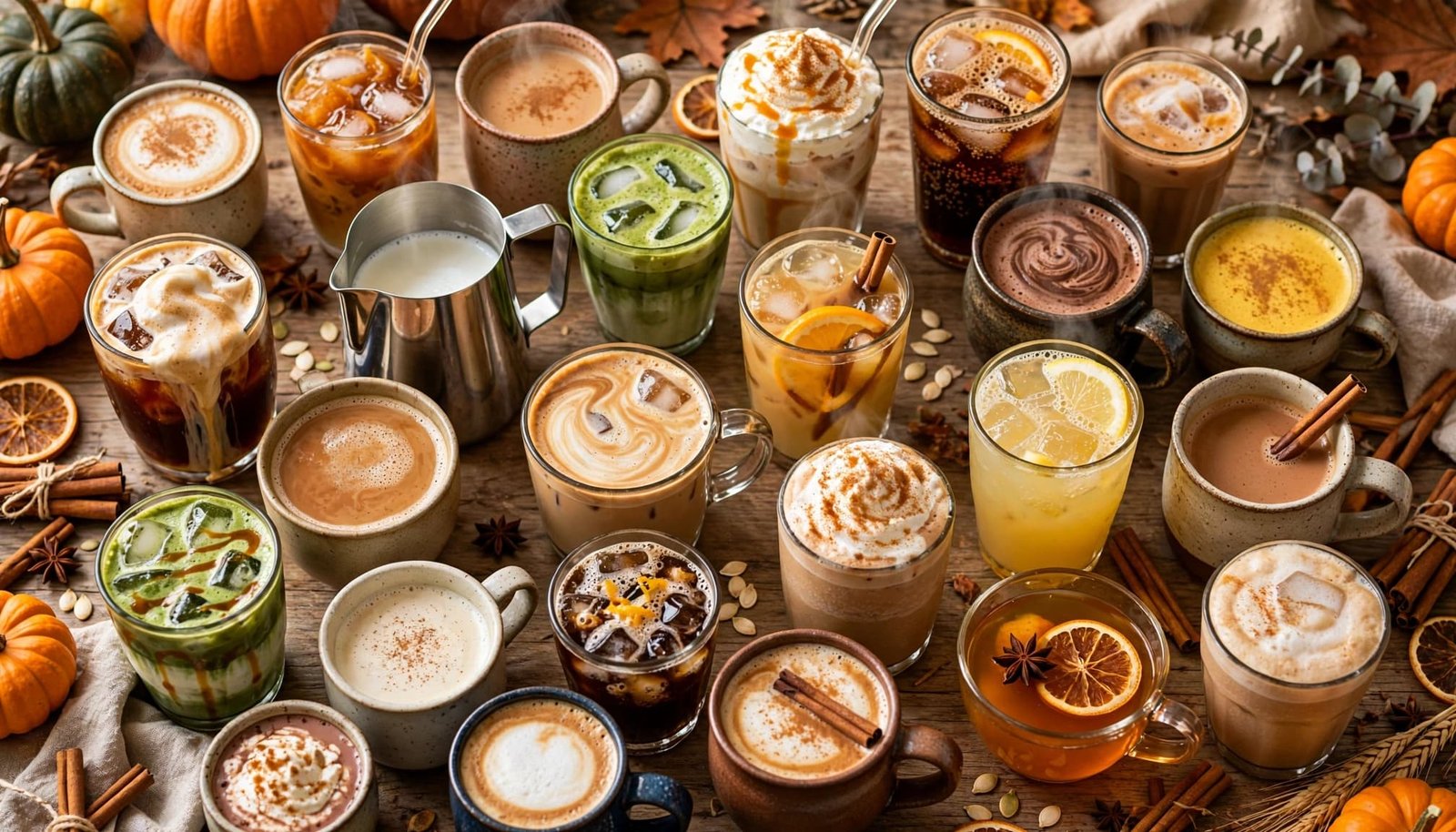 Assorted pumpkin coffee and tea drinks arranged on a fall kitchen table.