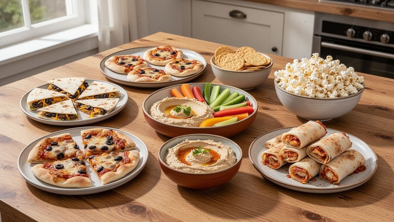 Five groups of savory snacks arranged on a wooden table in a bright kitchen.