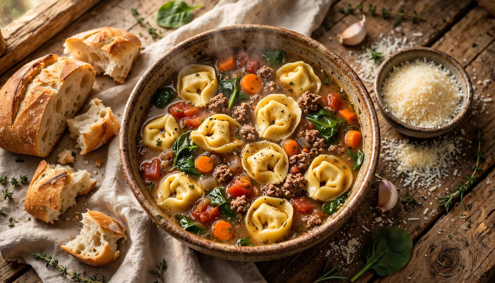 A bowl of tortellini beef soup with bread and Parmesan on a rustic table.