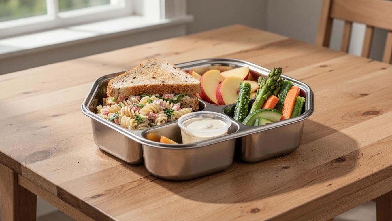 A lunchbox filled with a sandwich, pasta salad, fruit, vegetables, and sauce.