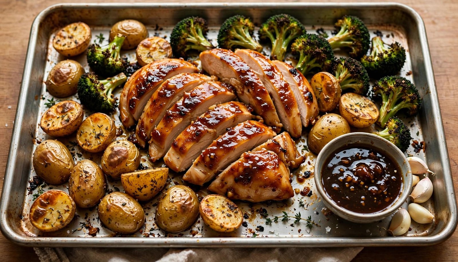 Glazed chicken with roasted potatoes and broccoli on a sheet pan.