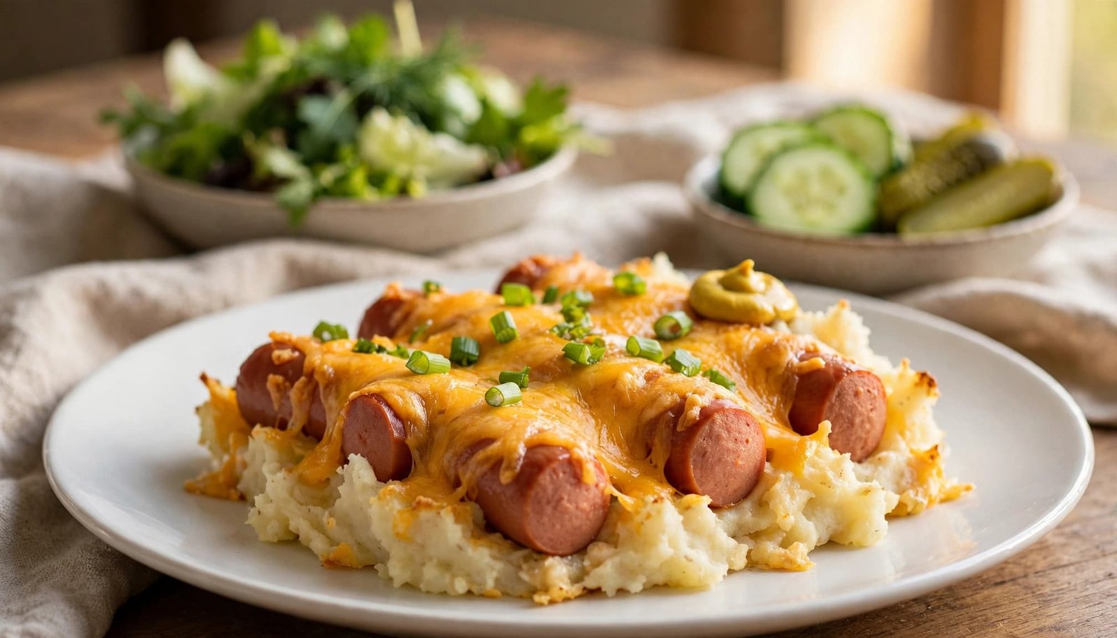 Hot dog and mashed potato casserole with cheddar, salad, cucumbers, and pickles.