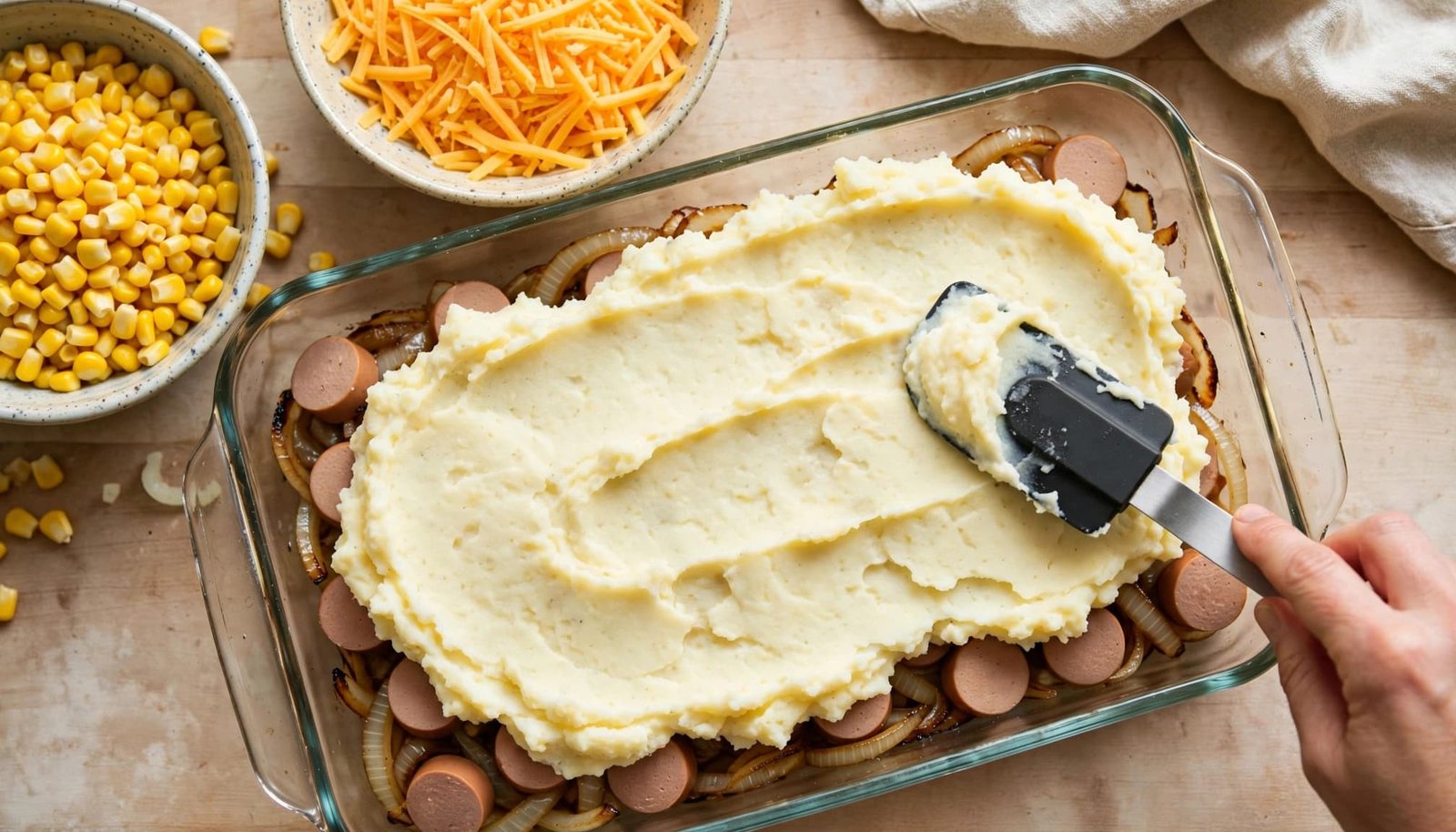 A hand spreads mashed potatoes over hot dogs and onions in a glass baking dish.