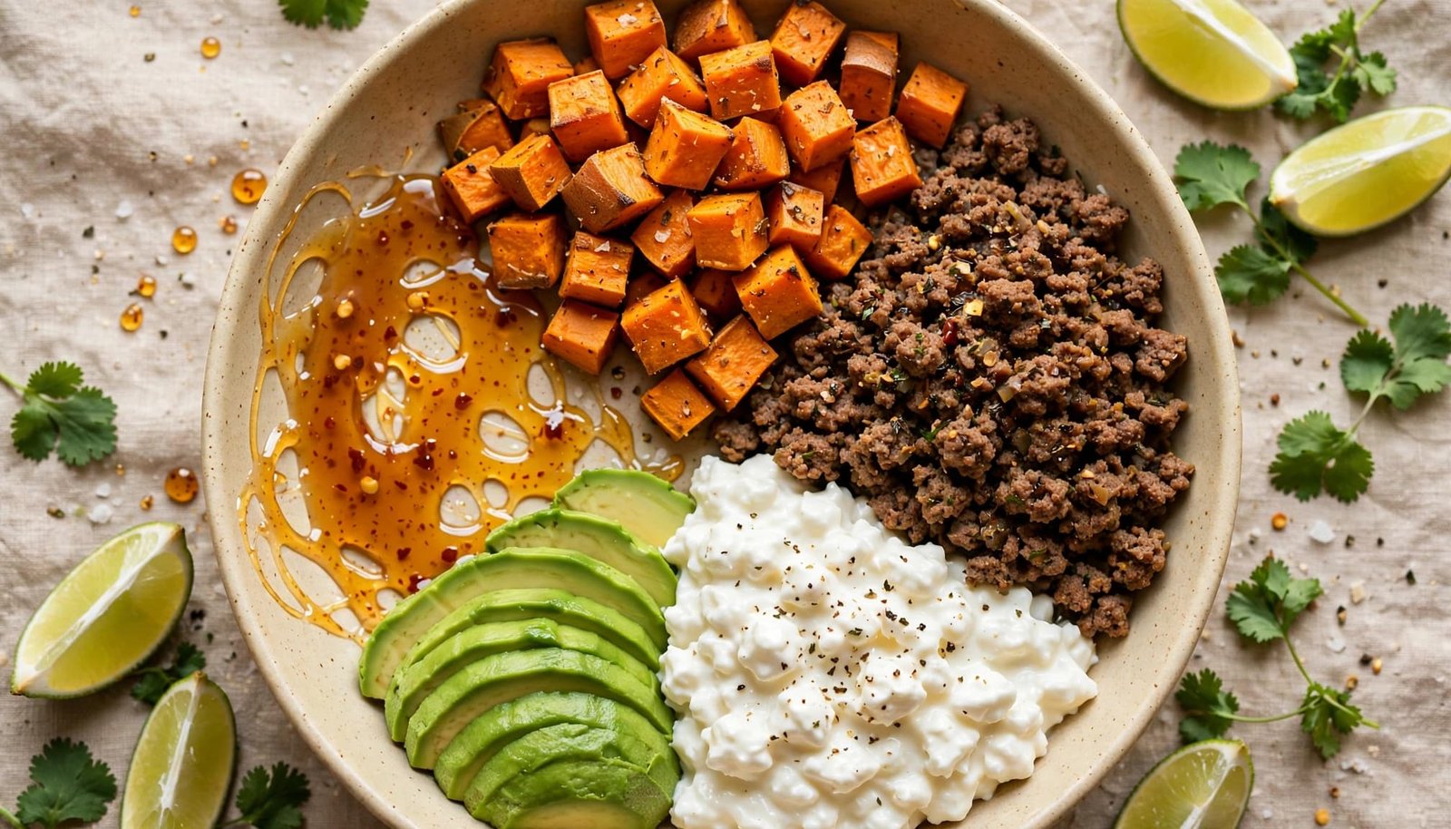 A bowl of beef, sweet potatoes, cottage cheese, avocado, and hot honey with lime and cilantro.