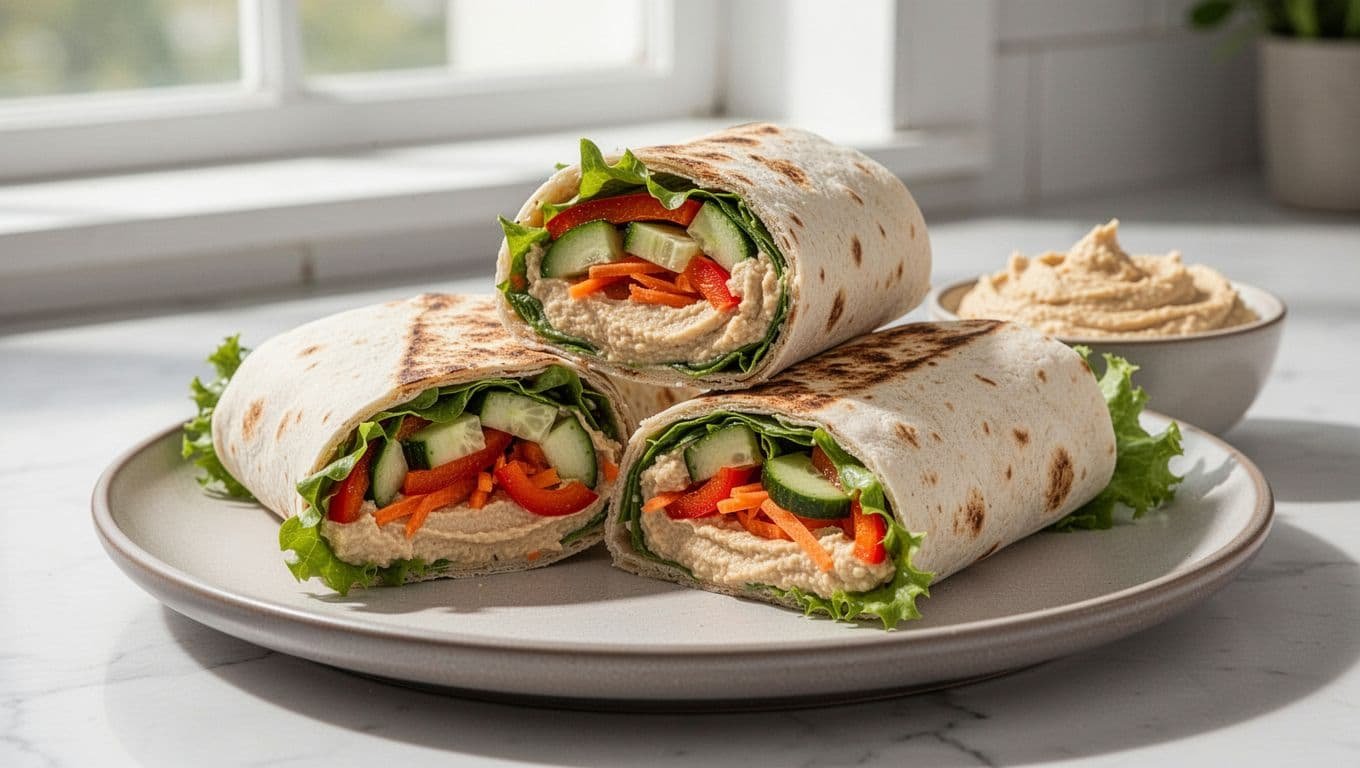 A sliced vegetable wrap with hummus and fresh vegetables on a plate.