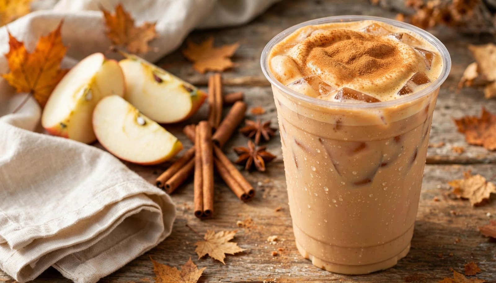 Iced pumpkin chai drink beside apple slices and cinnamon sticks on a rustic counter.