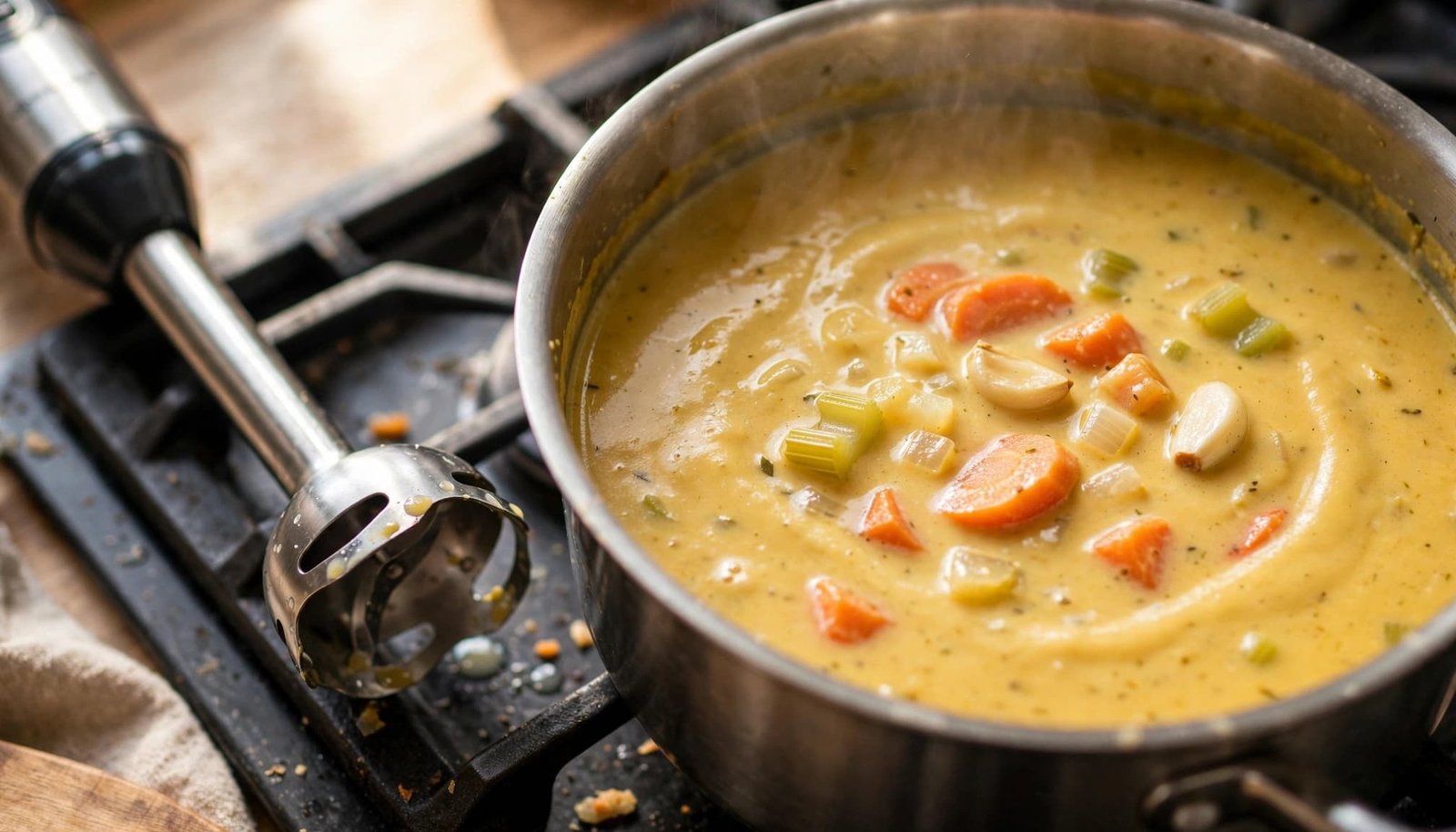 An immersion blender beside golden broth with visible softened vegetables in a pot.