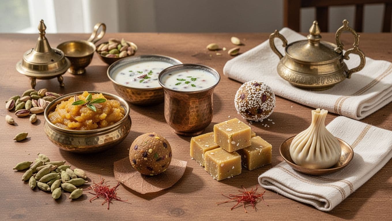 Five Indian sweet potato desserts arranged on a warm dining table with brass pieces and spices.