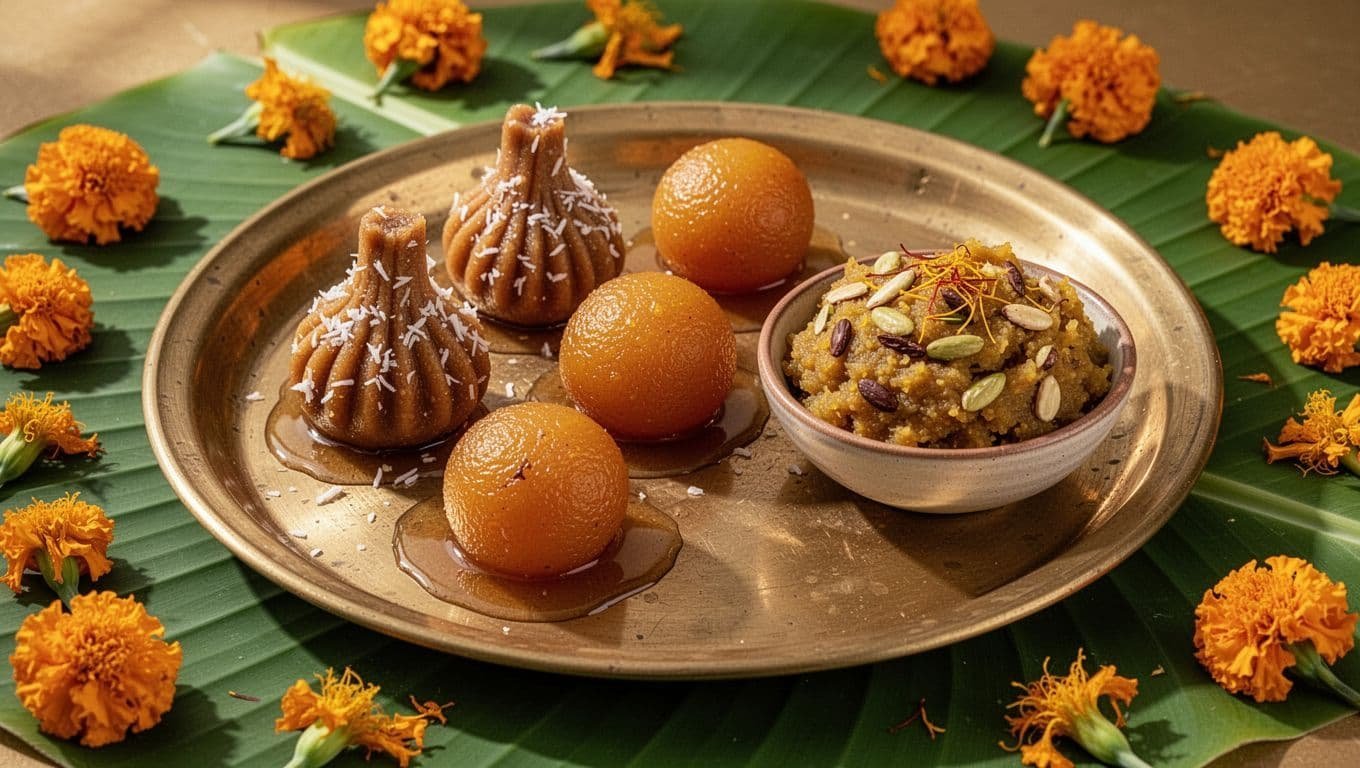 Three Indian sweet potato desserts sit on a brass platter with flowers and banana leaves.