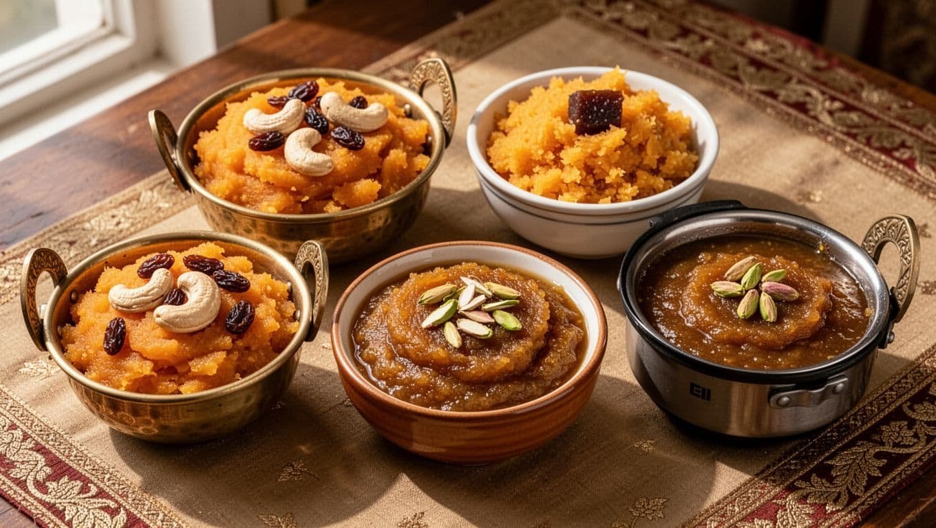 Four bowls of Indian sweet potato halwa with nuts on a dining table.