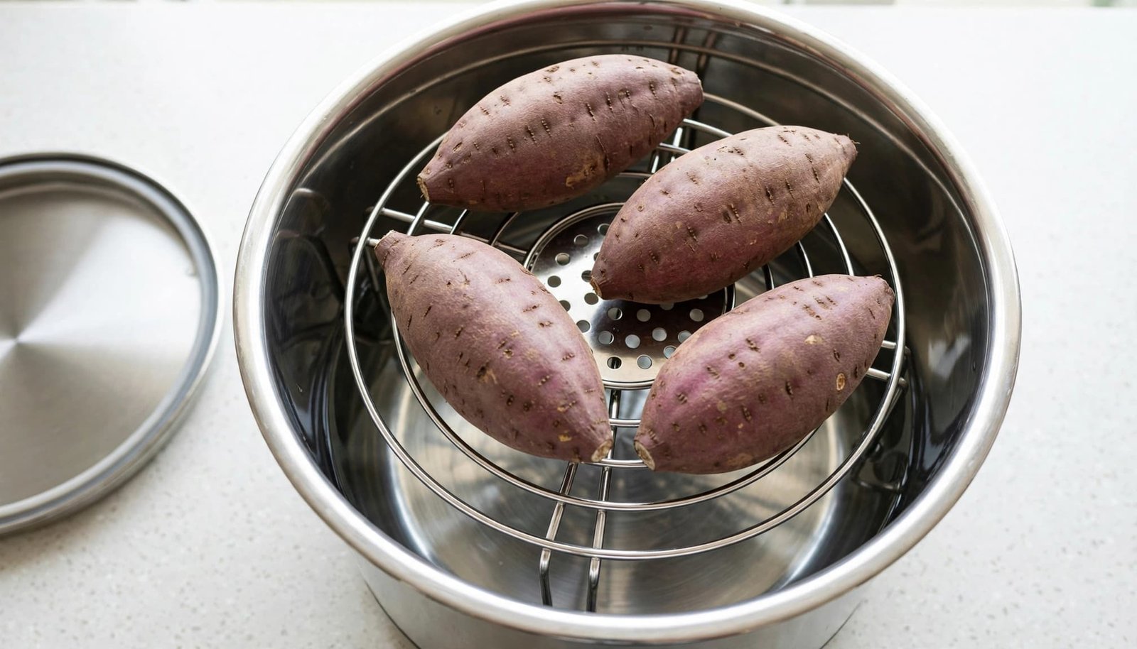 Four sweet potatoes sit on a trivet above water in an open pressure cooker.