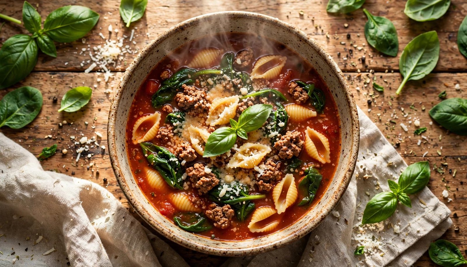 A bowl of beef and tomato soup with pasta, spinach, Parmesan, and basil.