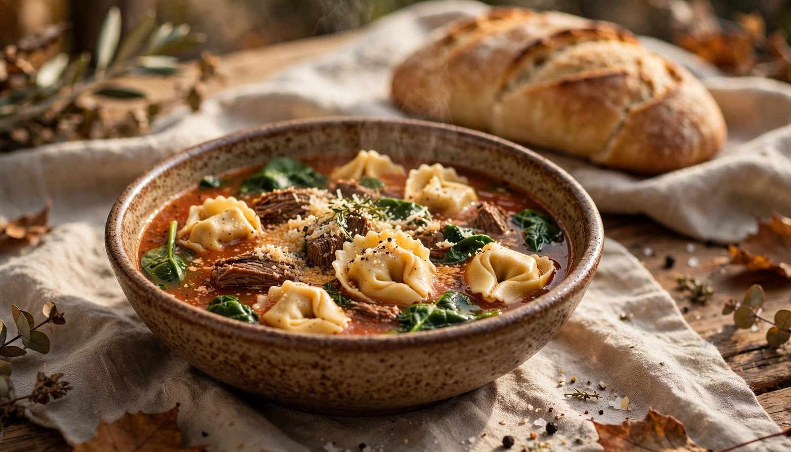A bowl of beef tortellini soup with spinach, Parmesan, and bread on a rustic table.