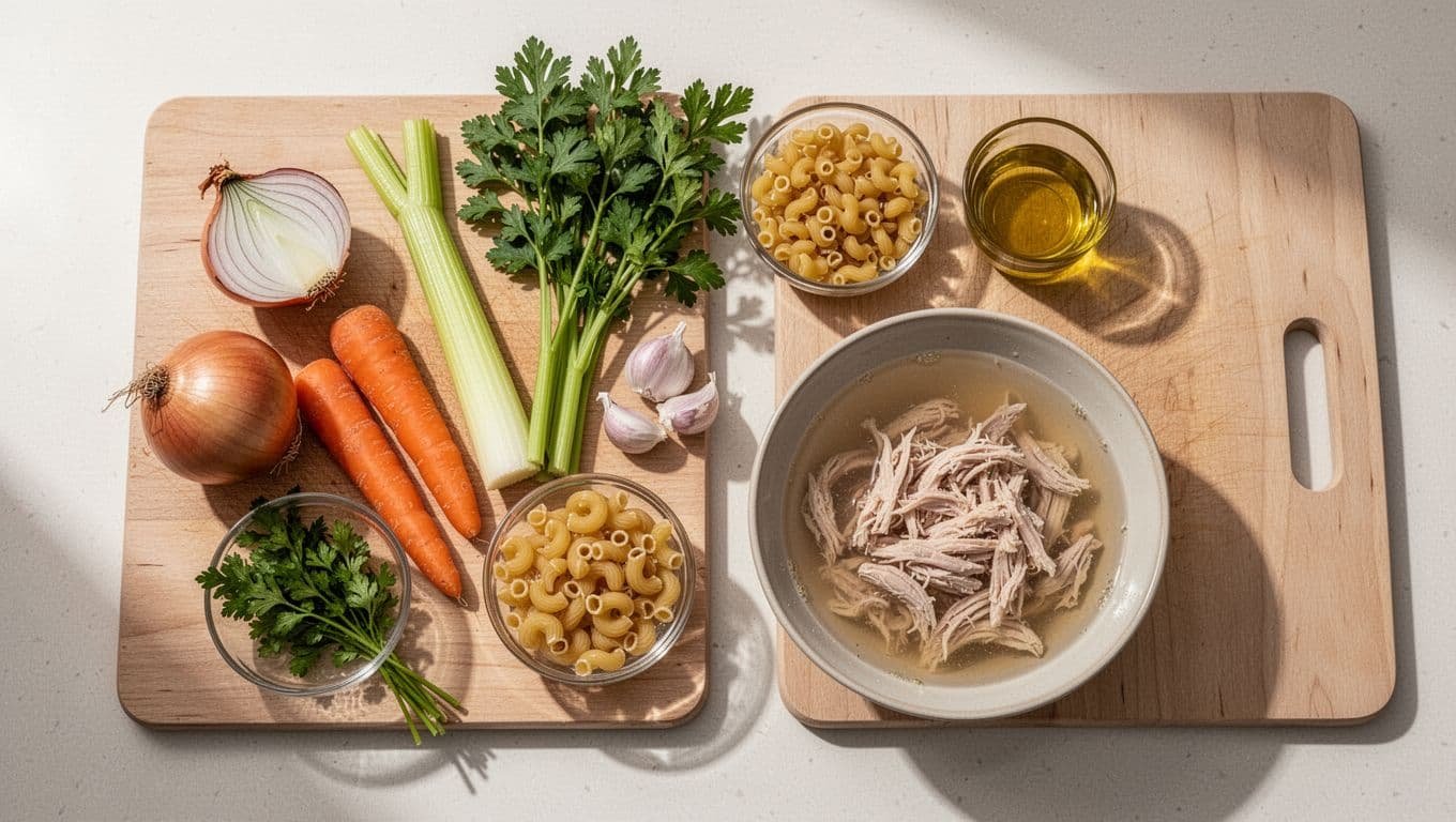 Soup ingredients arranged on a kitchen counter beside a cutting board.