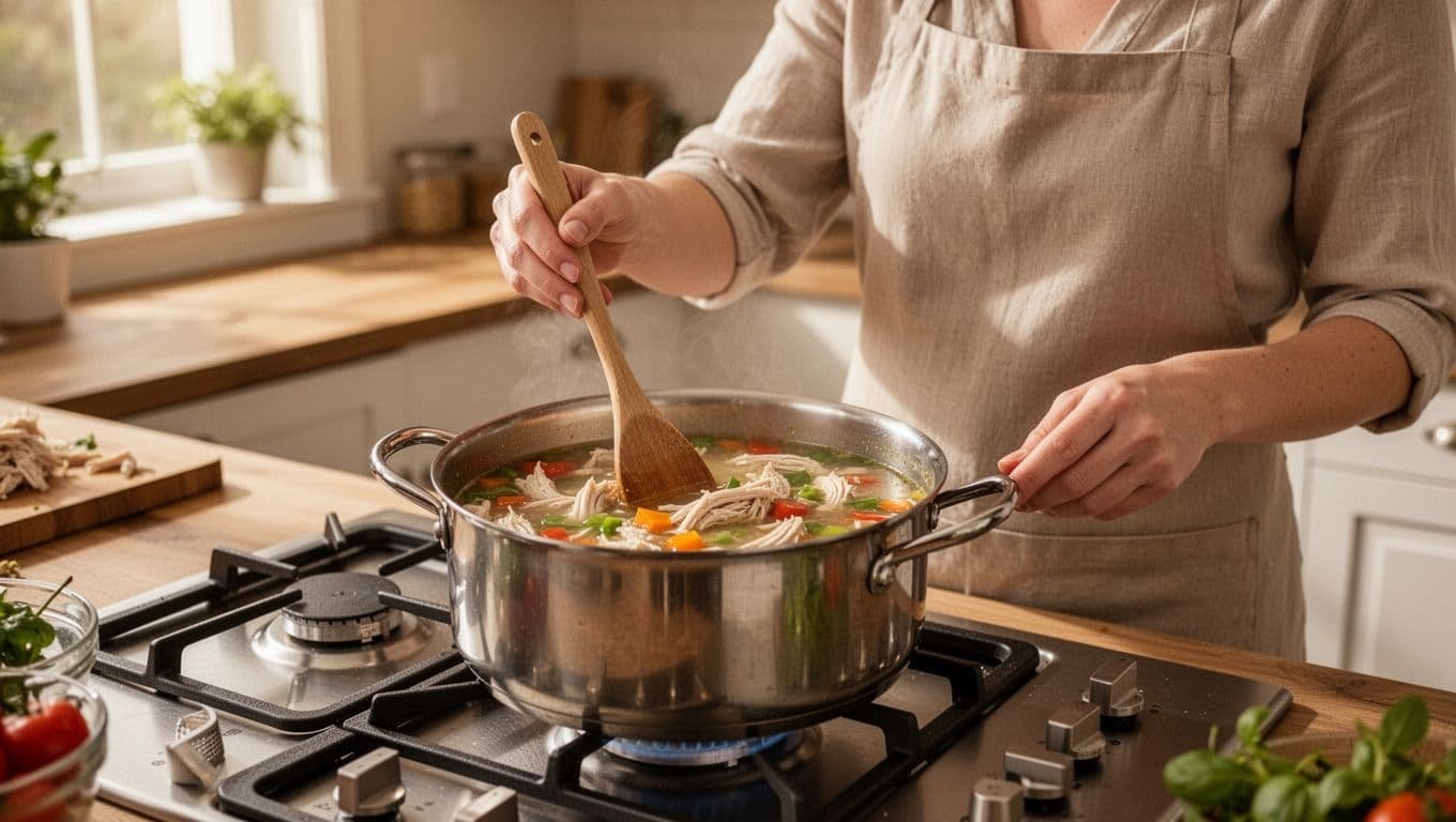 A cook stirs chicken soup with vegetables in a home kitchen.