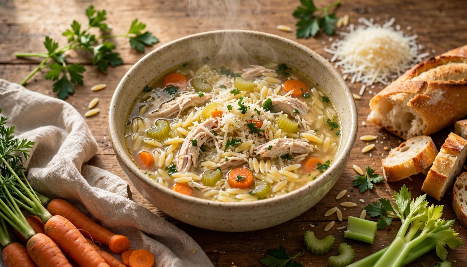 A bowl of Italian chicken soup with pasta, vegetables, Parmesan, parsley, and crusty bread.