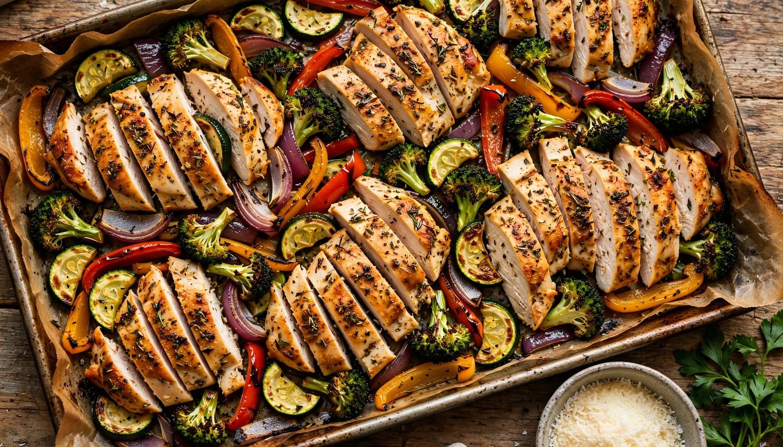 Roasted chicken and colorful vegetables on a parchment-lined sheet pan.