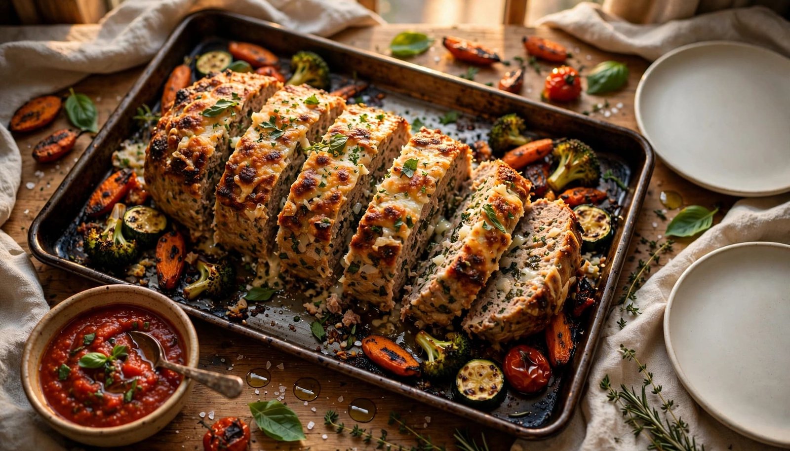 Sliced Parmesan meatloaf with marinara, roasted vegetables, and plates on a kitchen table.