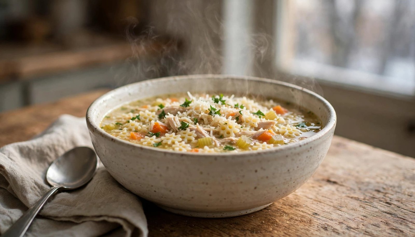 A steaming bowl of pastina soup with chicken, vegetables, Parmesan, and parsley.