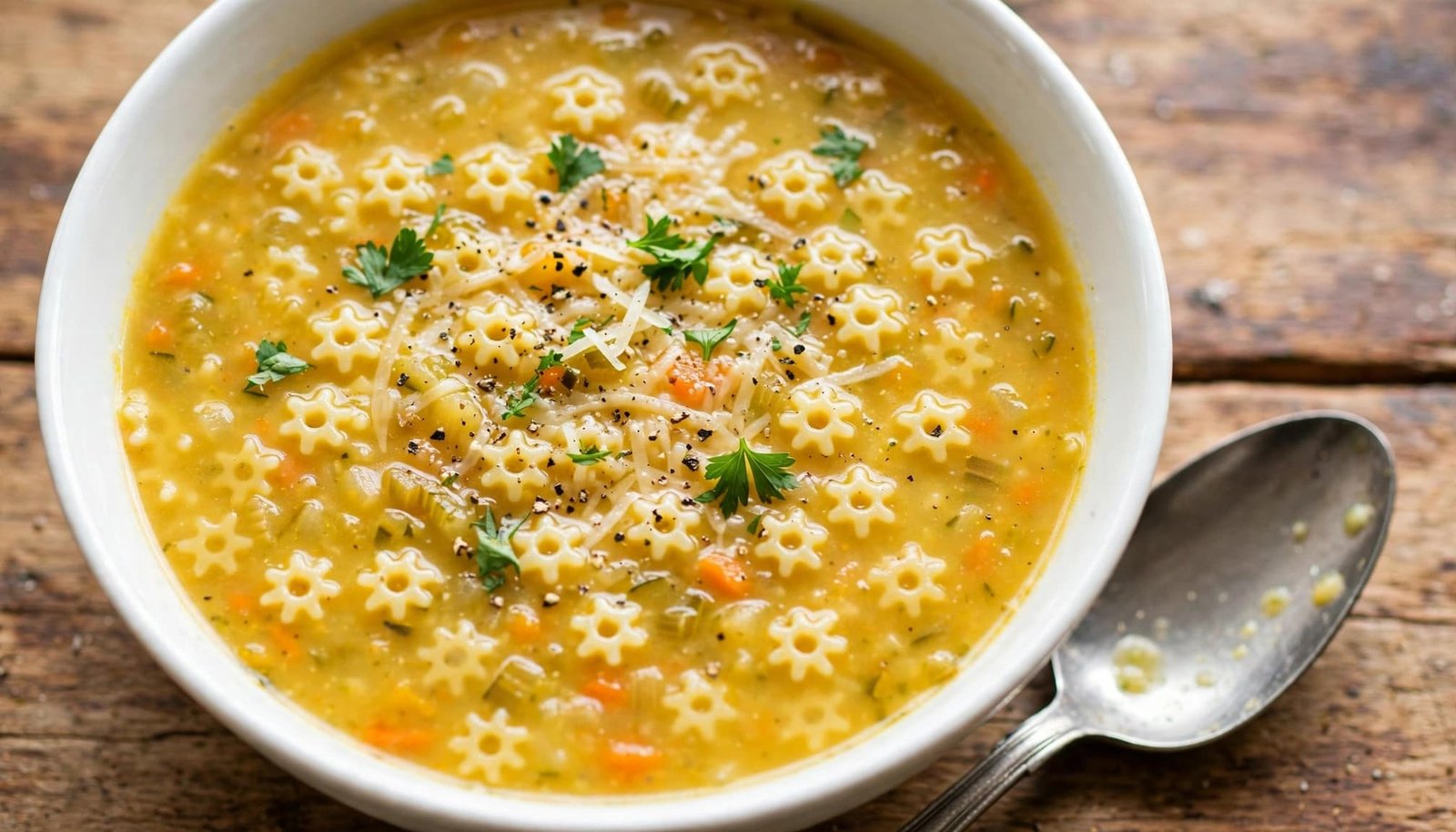 A bowl of golden pastina soup with vegetables, Parmesan, parsley, and a spoon.