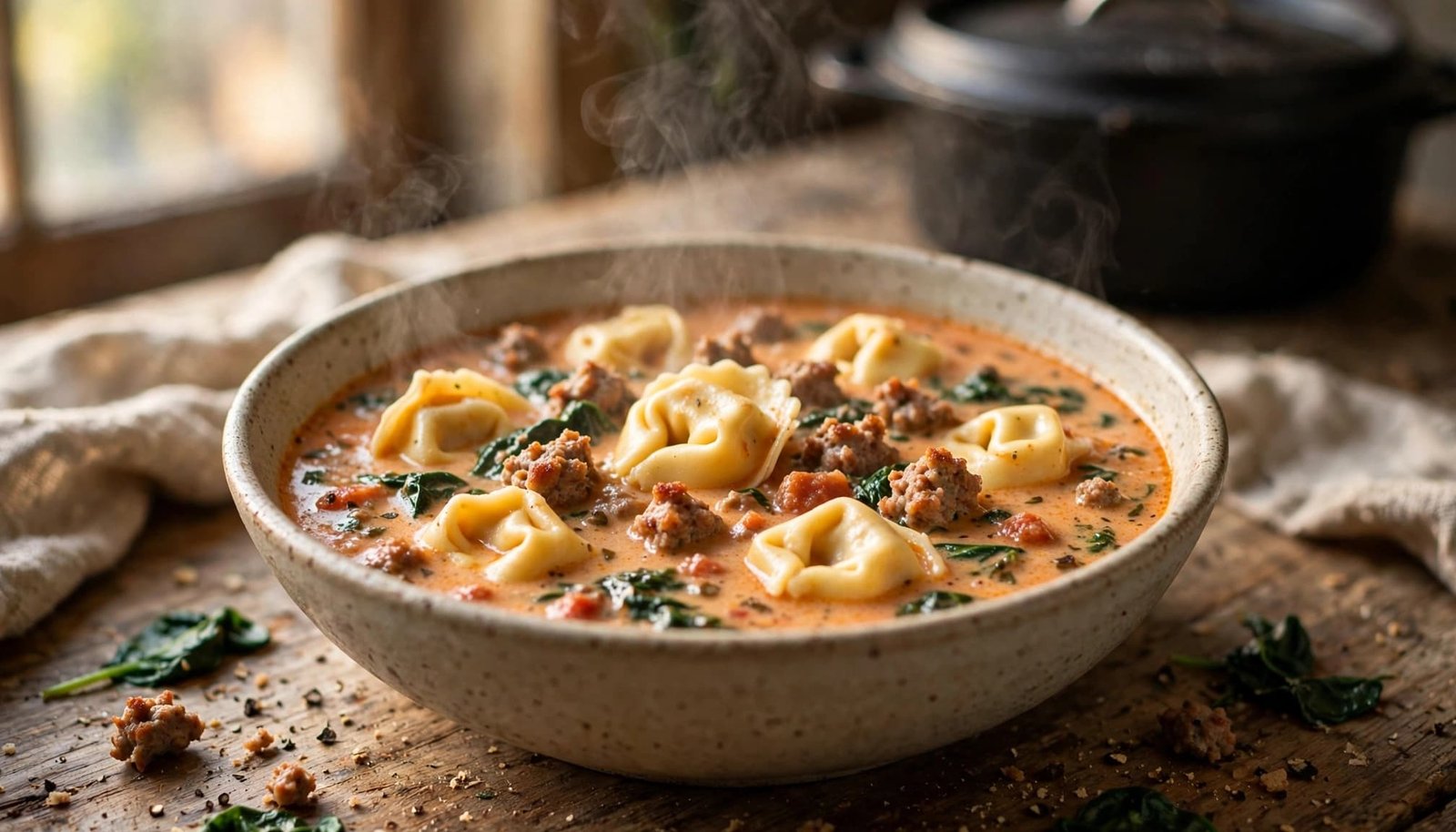 A bowl of sausage tortellini soup with spinach on a rustic table.