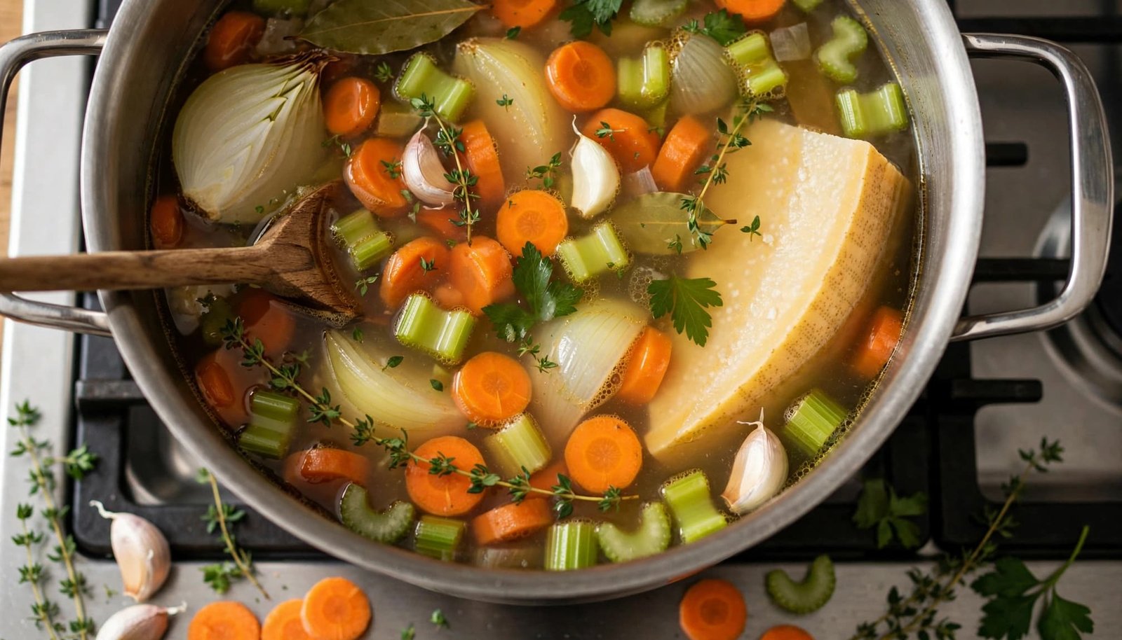 A pot of golden vegetable broth with herbs, vegetables, Parmesan rind, and a wooden spoon.