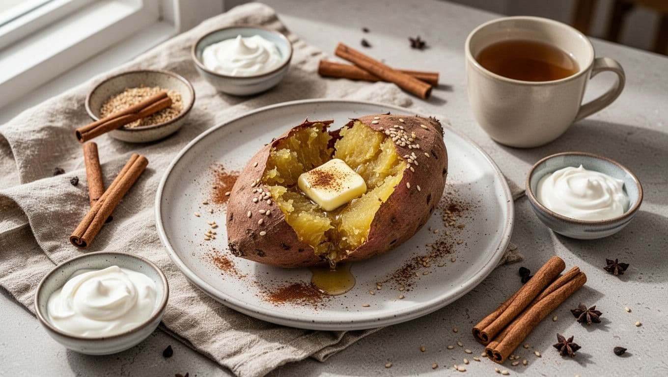 Open baked sweet potato with butter, cinnamon, sesame, yogurt, tea, and a linen napkin.