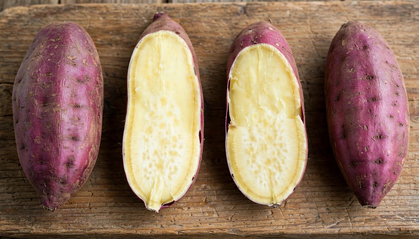 Four Japanese sweet potatoes, including cut pieces showing pale yellow flesh.
