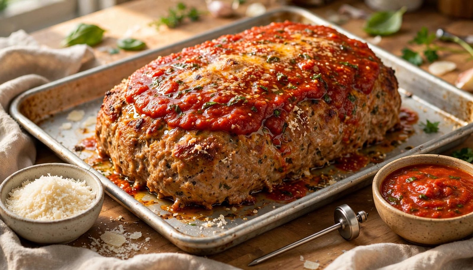 Golden Parmesan meatloaf with marinara on a sheet pan beside sauce and grated cheese.