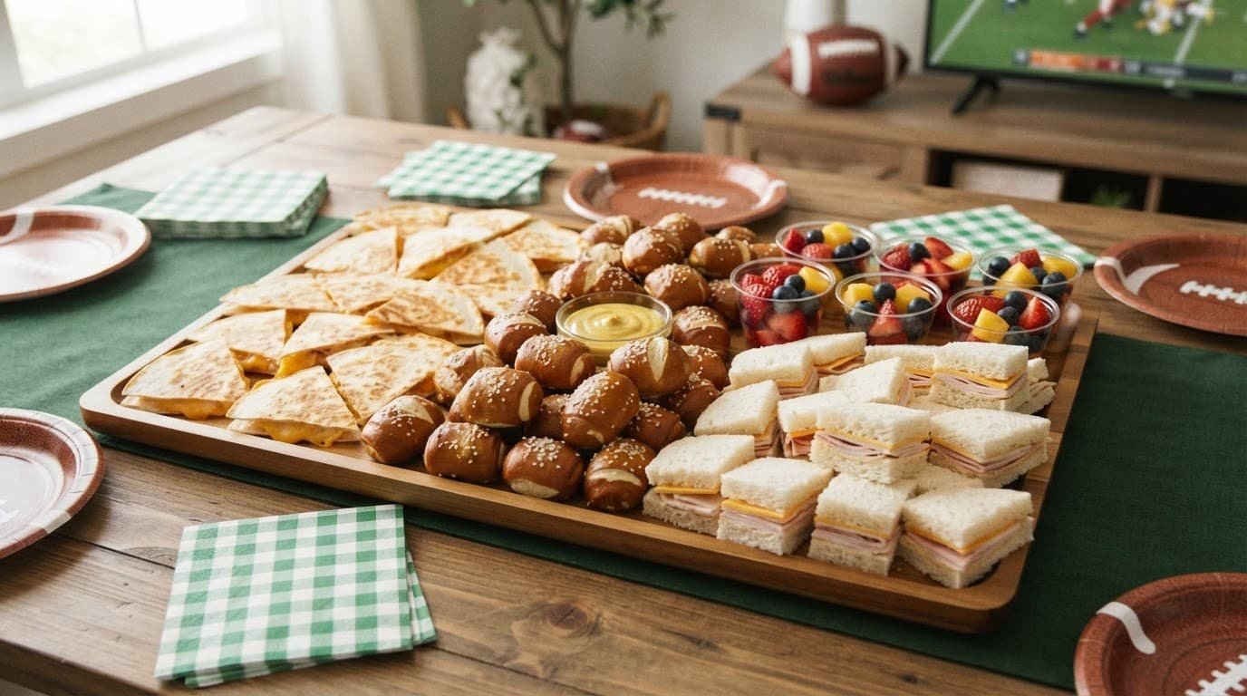 Colorful football snacks arranged in portions on a home game-day table.