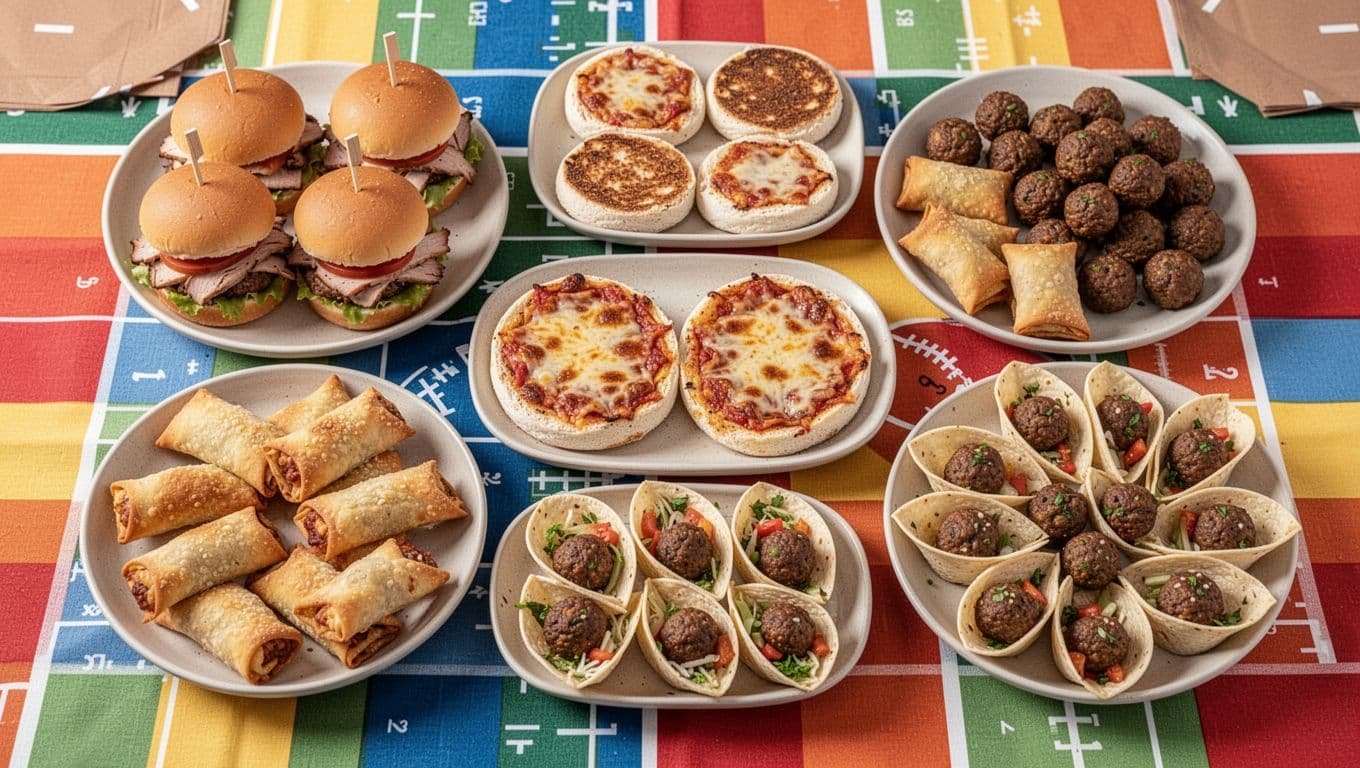 Overhead platter of mini sliders, pizzas, taco cups, pizza rolls, and meatballs on a colorful table.