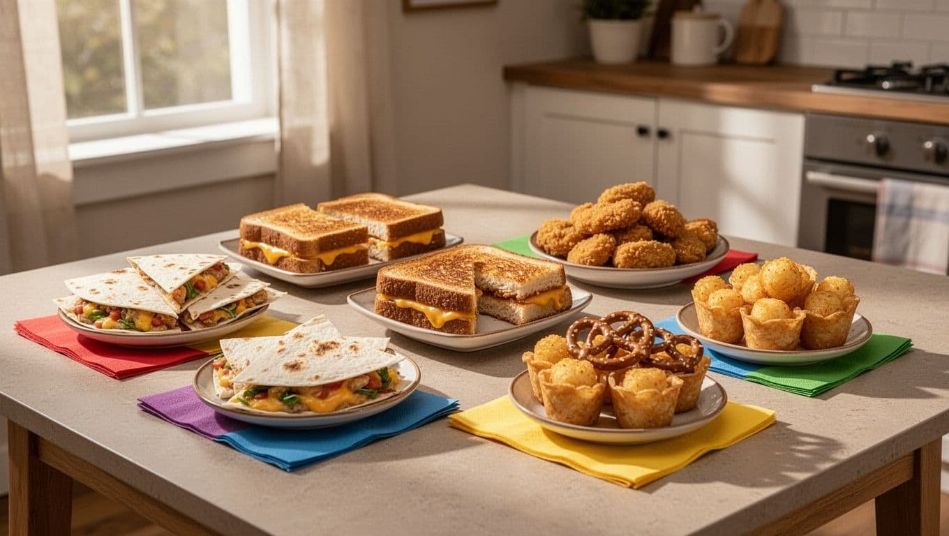 A low table with kid-friendly football snacks and colorful napkins.