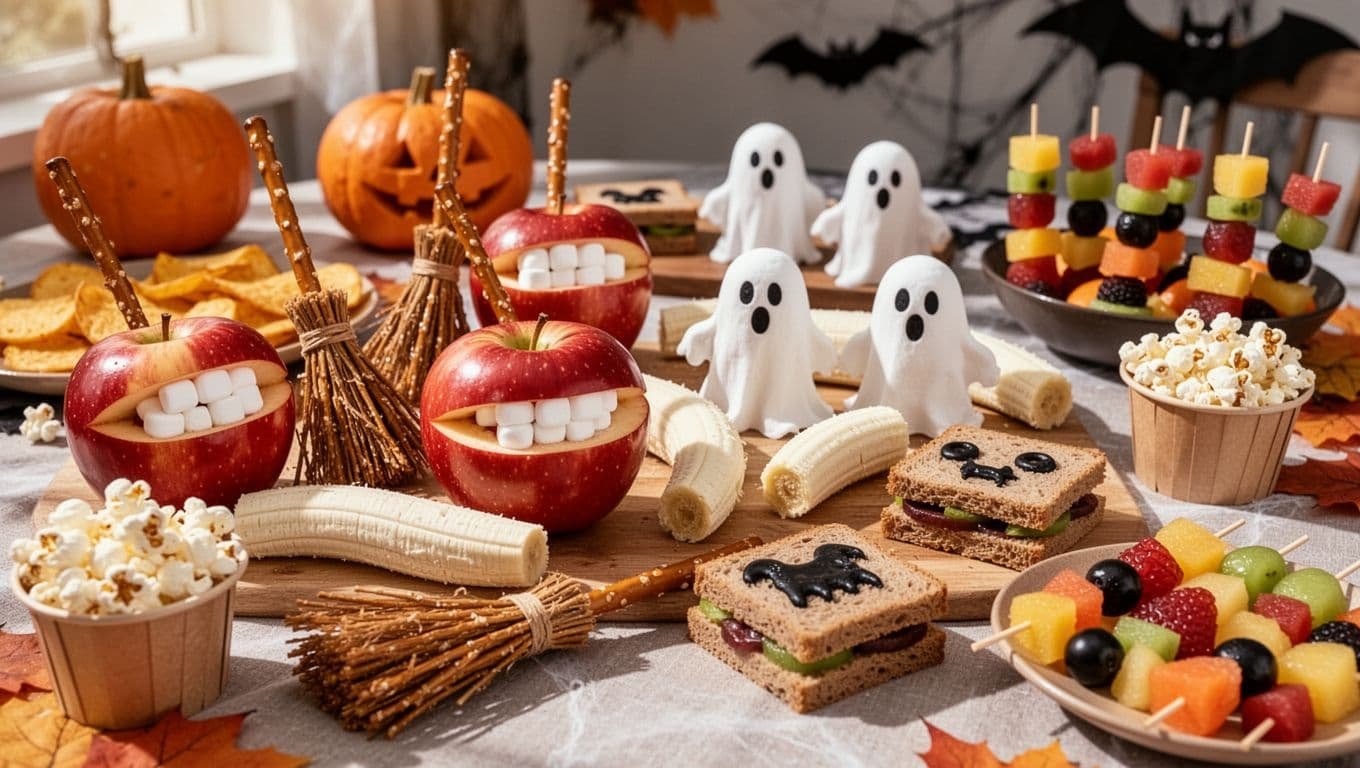 A table filled with playful Halloween snacks, including banana ghosts and apple mouths.