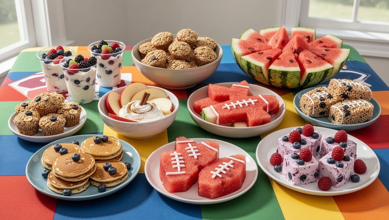 Colorful fruit-forward football snacks arranged on bowls and platters.