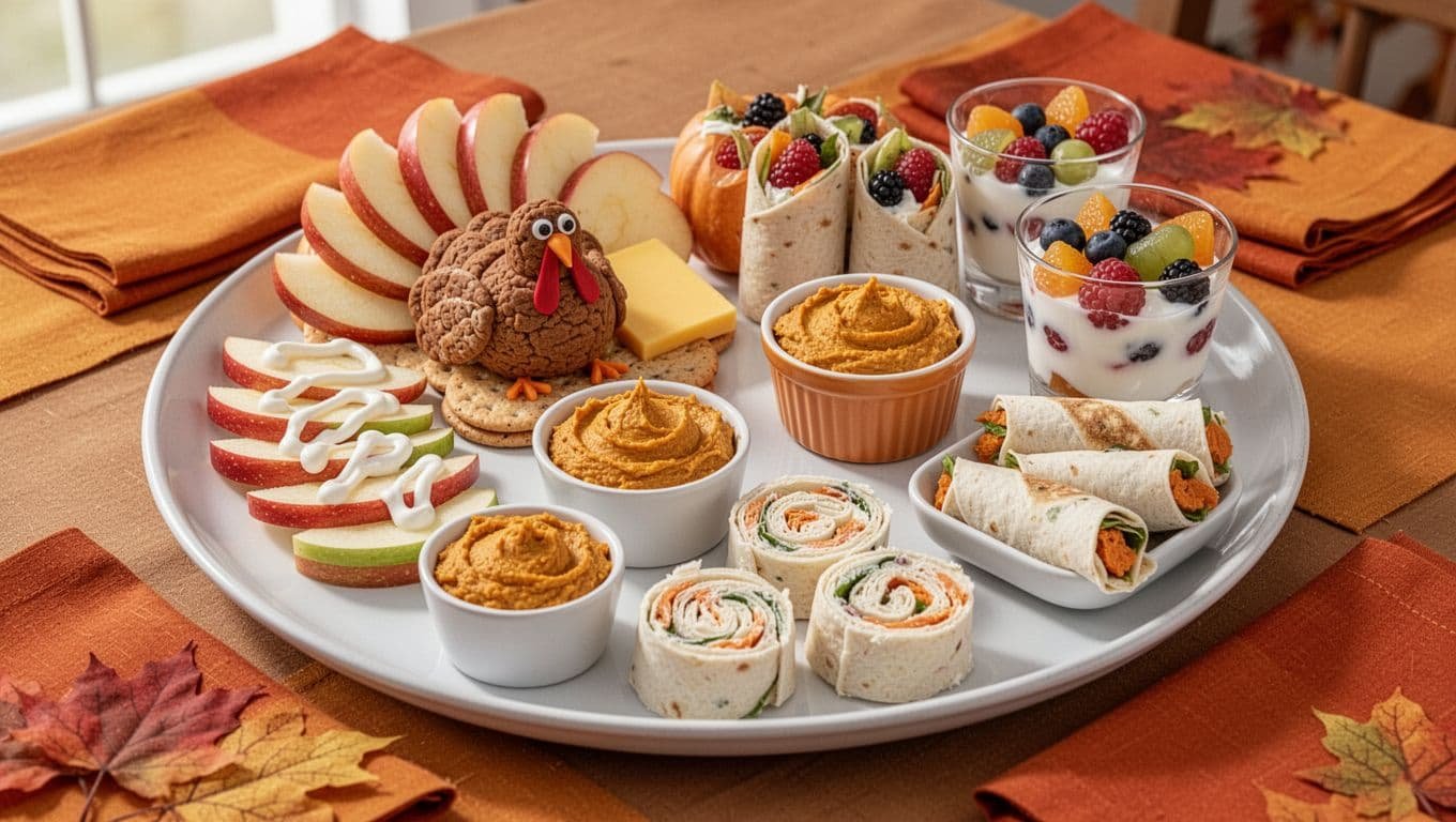 A colorful platter holds ten kid-friendly Thanksgiving appetizers on a warmly lit table.