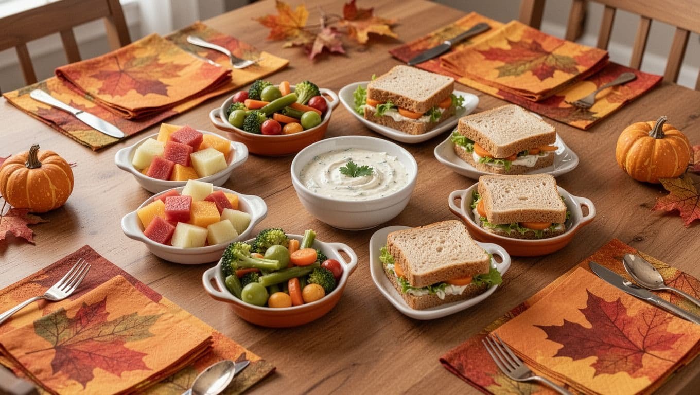 A colorful Thanksgiving snack spread with fruit, vegetables, mini sandwiches, and dip on a family table.