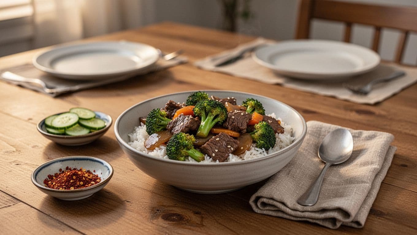 Beef, broccoli, and rice bowl with cucumbers on a warmly lit dining table.