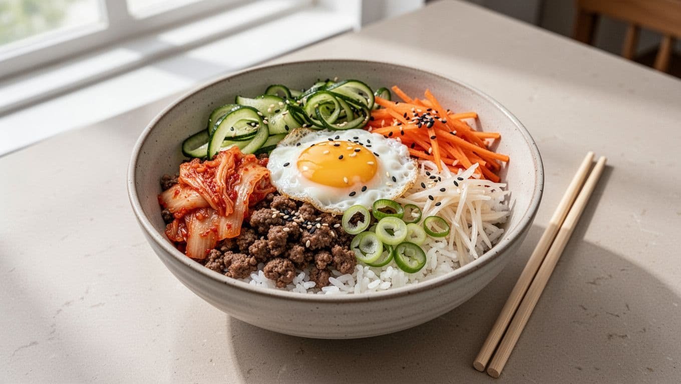 Homemade Korean Inspired Ground Beef and Kimchi Bowls
