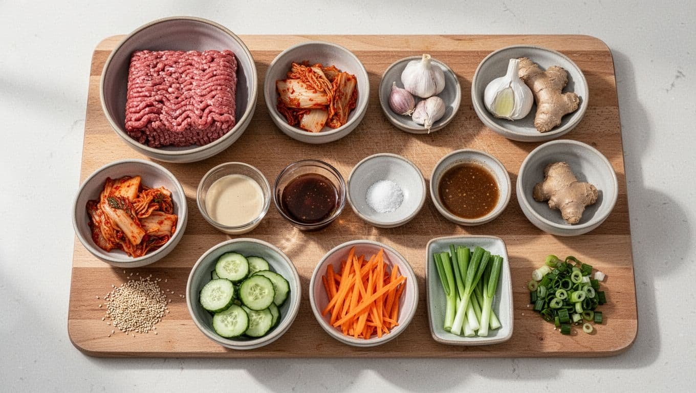 Bowls of Korean-inspired beef bowl ingredients arranged around a wooden cutting board.