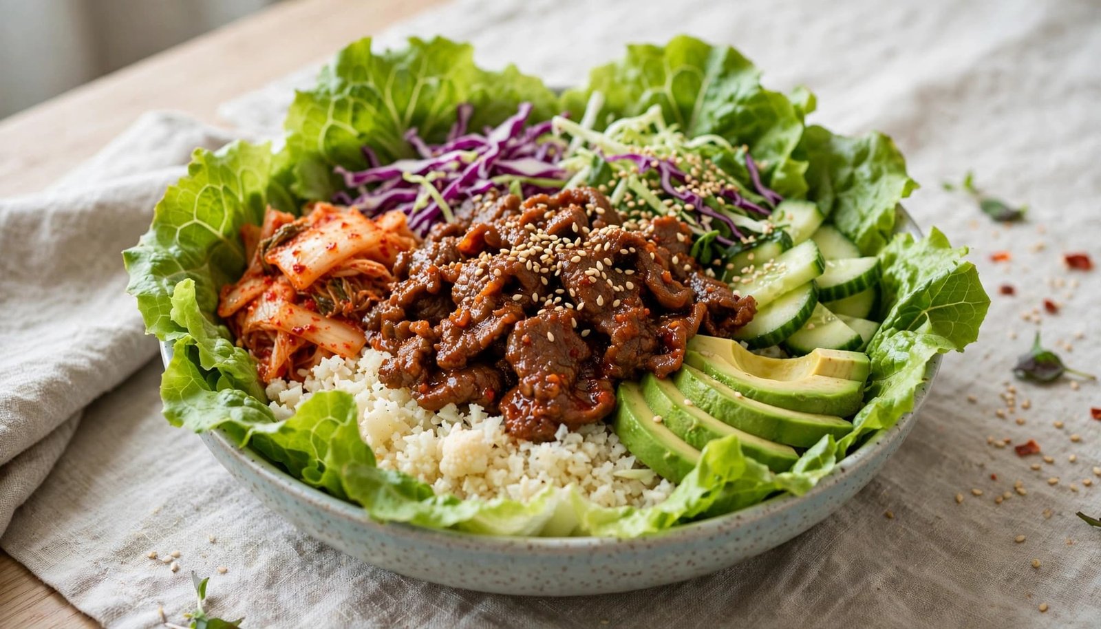 A colorful beef bowl with cauliflower rice, lettuce, kimchi, avocado, and fresh vegetables.