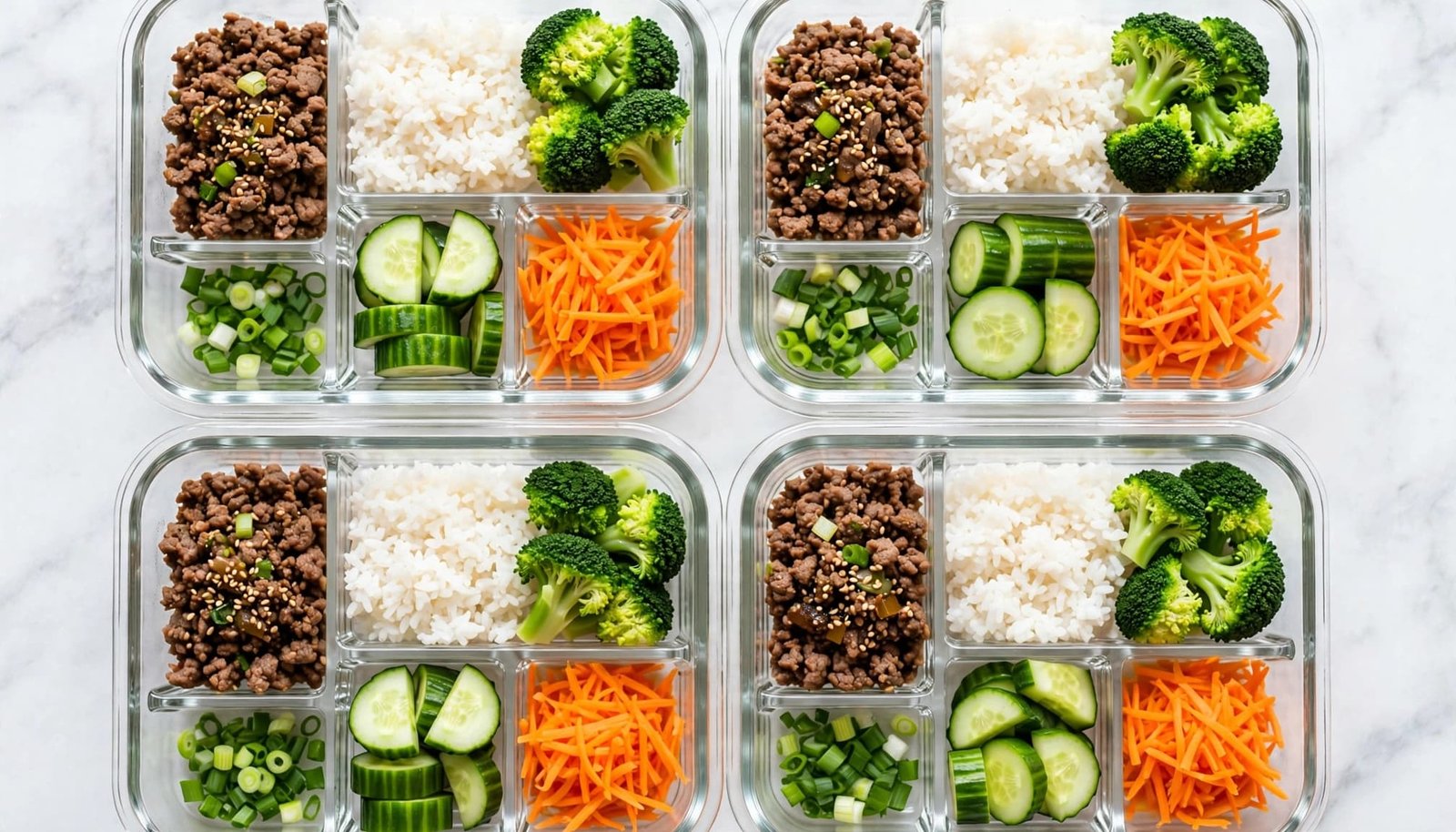 Four glass containers hold Korean beef, rice, vegetables, and green onions.
