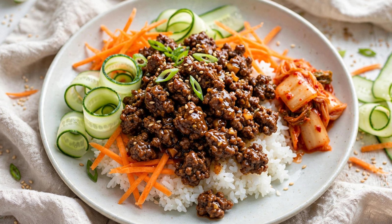 Korean beef and rice topped with vegetables, sesame seeds, and kimchi on a ceramic plate.