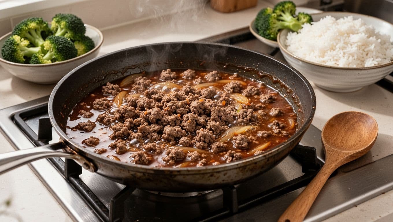 Ground beef simmering in sauce in a skillet with broccoli and rice in the background.